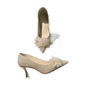 2025 french rhinestone pearl flower comfortable heel bridal wedding shoes for women