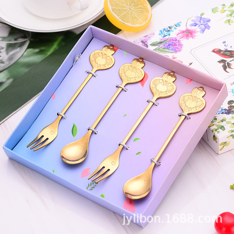 Crown Stainless Steel Spoon Heart Spoon and Fork Gift Box Set Creative Coffee Stir Honey Bird's Nest Dessert Gift Spoon