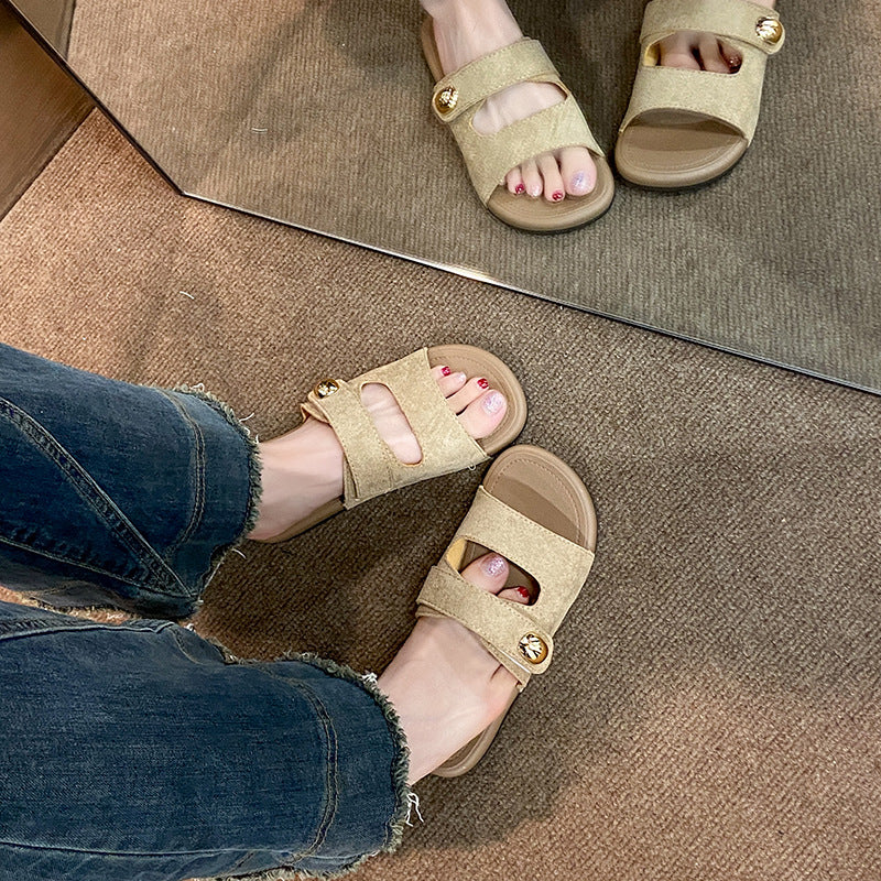 Vintage velcro sandals women's summer new flat bottom fashionable versatile one-strap travel all-match british style women's shoes