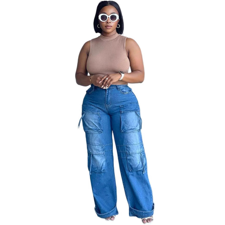 European and american style high-waisted jeans -  cross-border women's fashion trendy multi-pocket straight-leg cargo casual pants