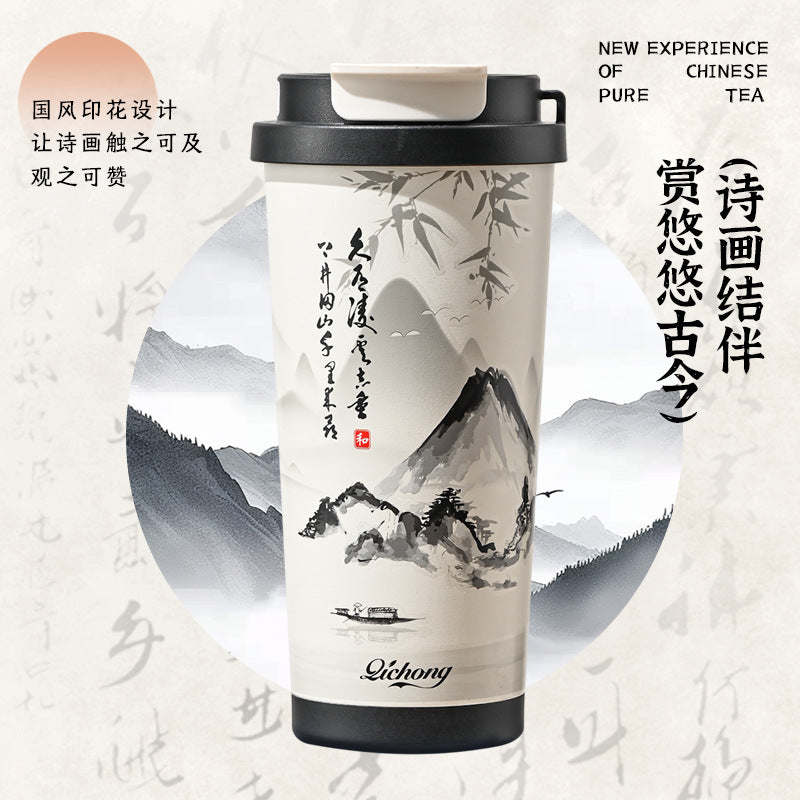 Ink style national trend portable thermos cup chinese style double drinking lid coffee cup 316 stainless steel ceramic liner water cup