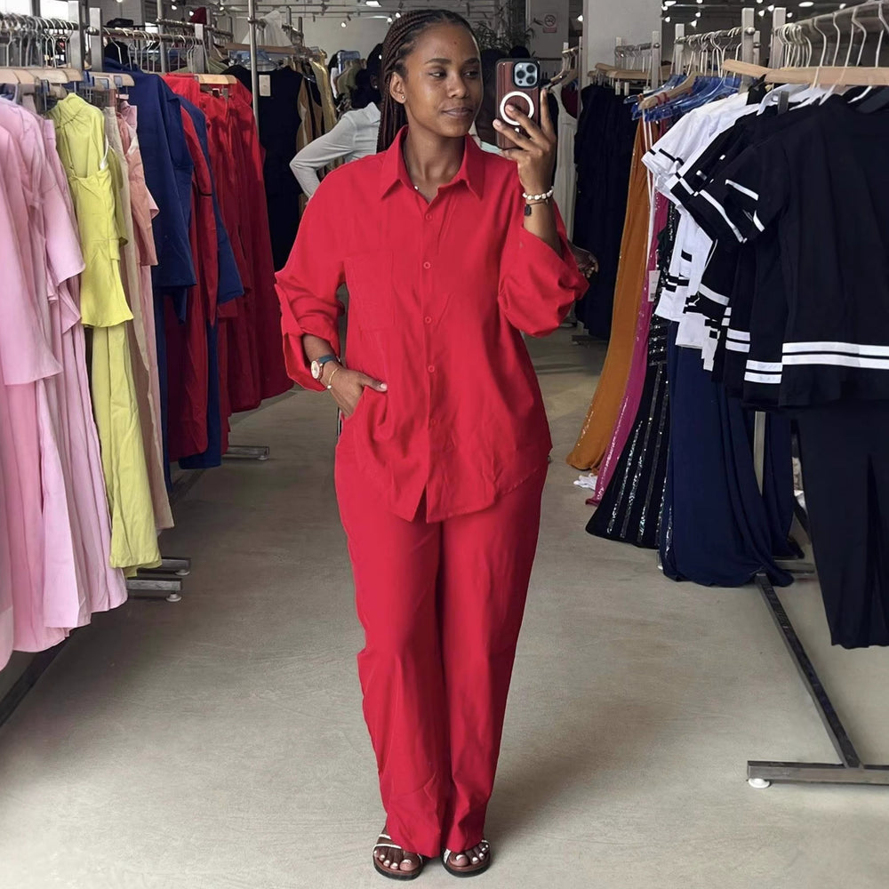 European and american cross-border african women's clothing  summer new fashionable minimalist solid color shirt top and high-waisted pants set