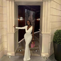 European and american cross-border women's fashion:  autumn new arrival - solid color one-sleeve deep v-neck bodycon elegant long dress