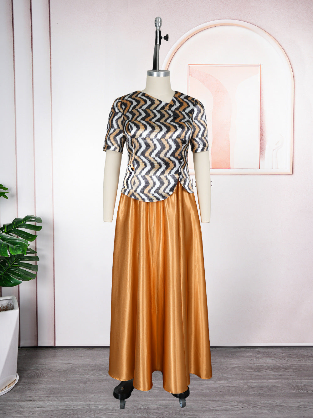 Aliexpress cross-border plus size midi skirt + t-shirt dress african women's crystal satin print two-piece skirt set