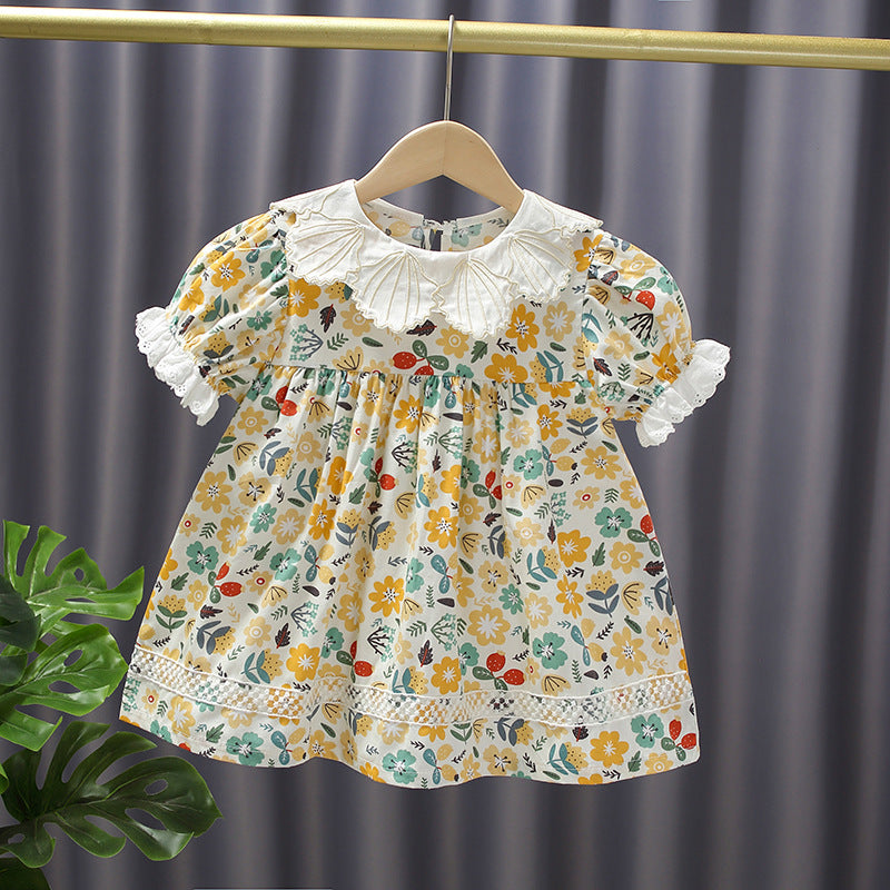Princess dress for girls, baby summer pink floral dress, girls' dress with shell lace collar, elegant outing dress