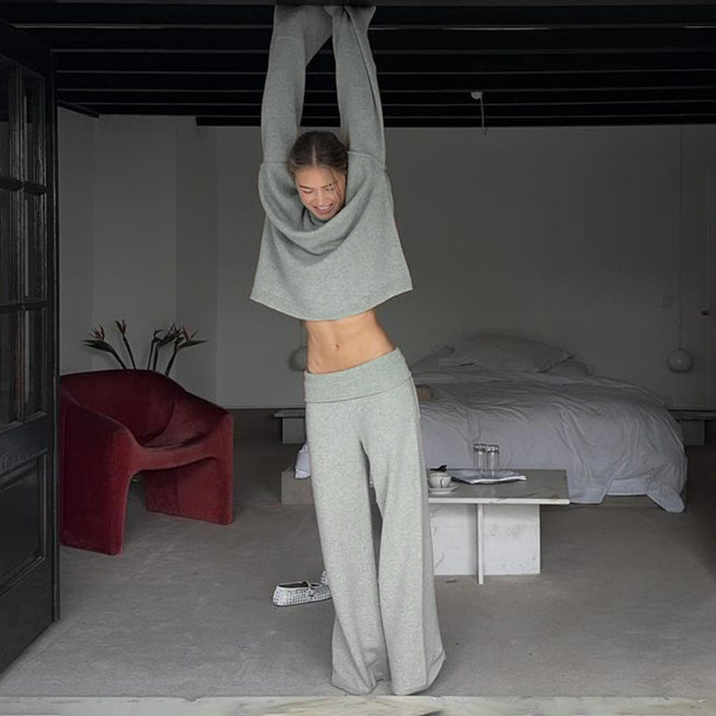 Cross-border fashion casual woolen suit pullover loose top turned waist head straight trousers loungewear two-piece set women