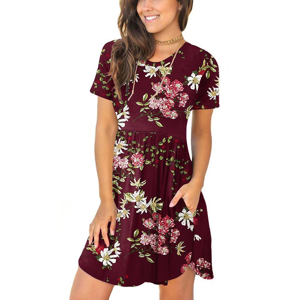 european and american  women's casual crew neck printed pullover short sleeve ruched pocket dress