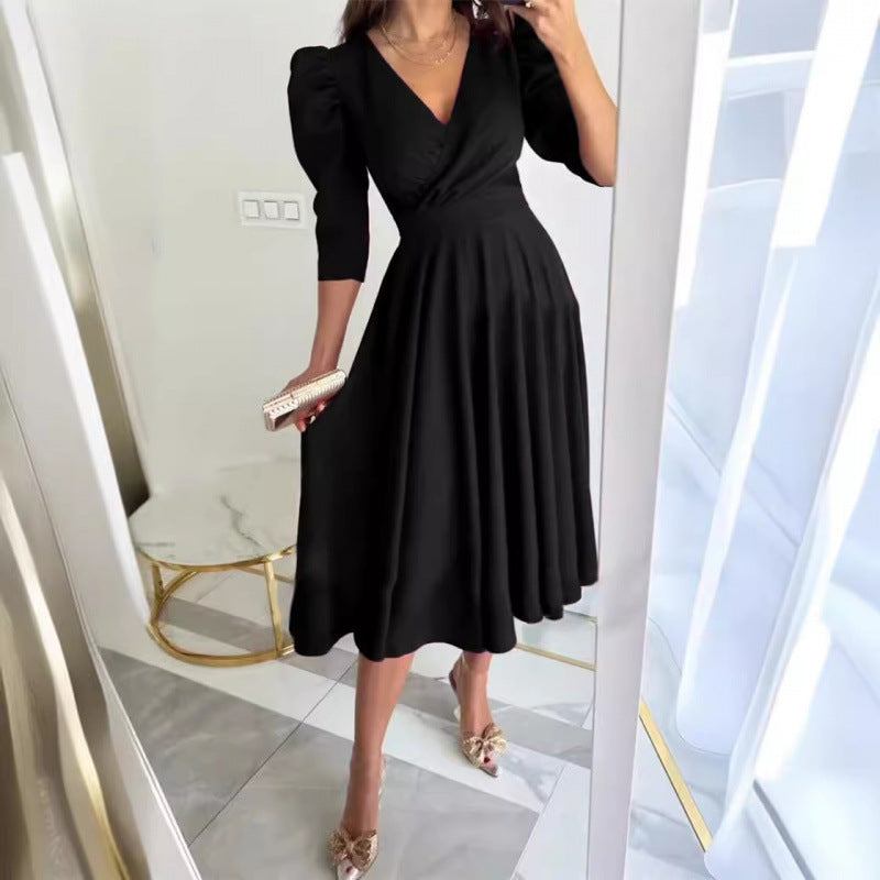 fashion women's clothing:  spring collection - solid color v-neck, cinched waist, pleated maxi dress