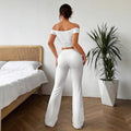 european and american  cross-border solid color one-shoulder ruched t-shirt and flare pants two-piece set for women