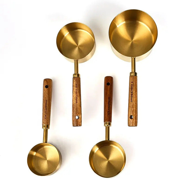 Factory direct cross-border stainless steel long-handled measuring spoons & cups - wooden handle stainless steel measuring cups - baking tools & coffee measuring spoons