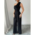 Women's one-shoulder jumpsuit with 3d floral appliqué, sleeveless wide-leg formal party romper
