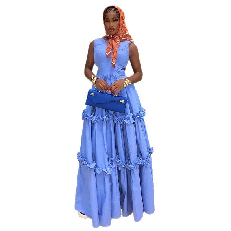 European and american women's clothing  summer new sweet and fresh v-neck hollow-out high-waisted slimming a-line maxi dress