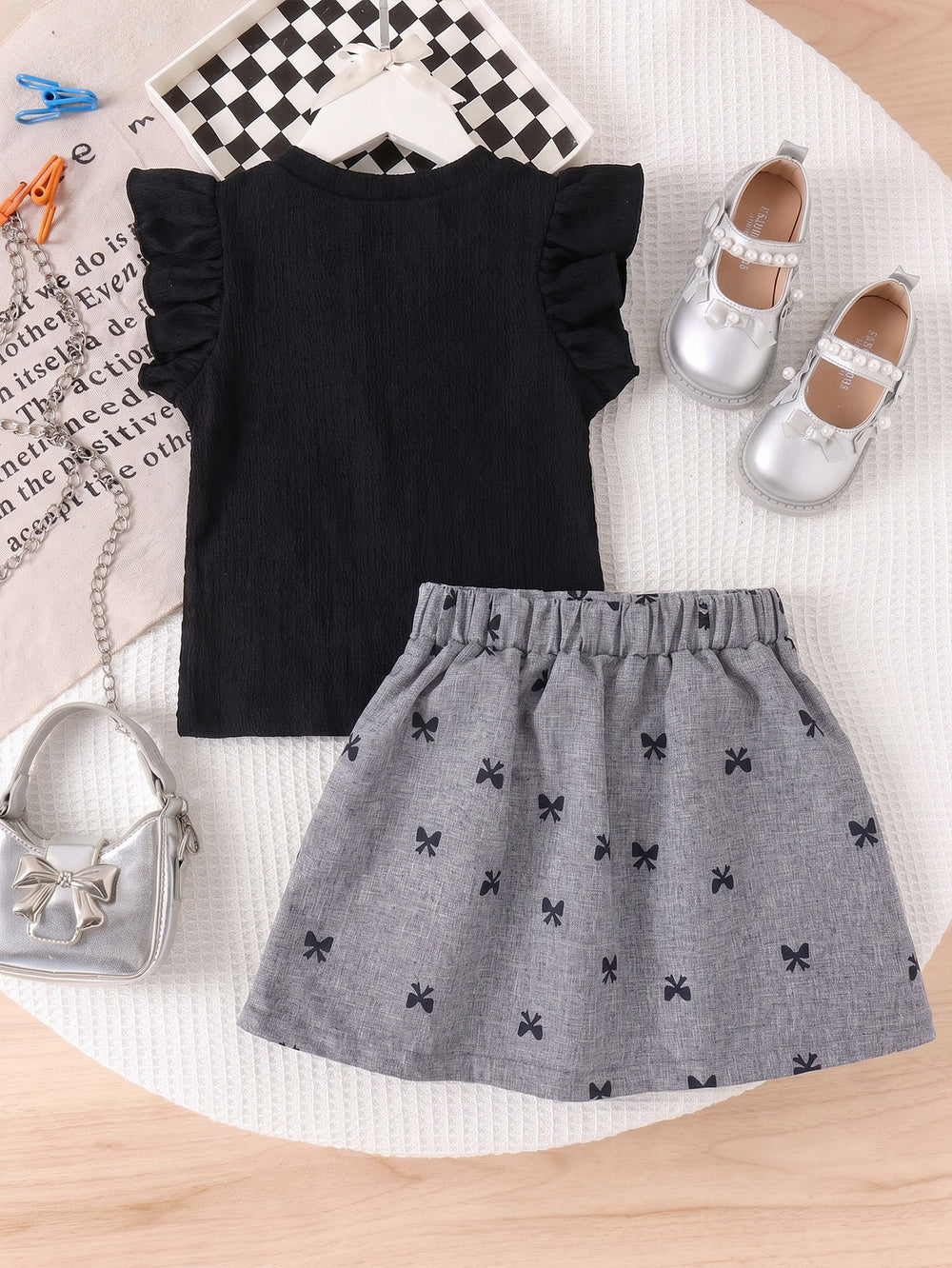 cross-border girls' fashion set: european & american style floral solid ribbed top + a-line pleated skirt two-piece outfit