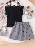 cross-border girls' fashion set: european & american style floral solid ribbed top + a-line pleated skirt two-piece outfit