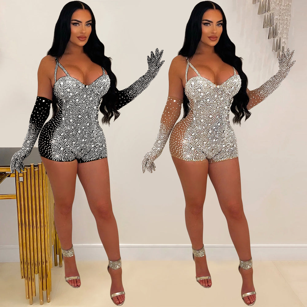 C6902 cross-border   fashion women's solid color mesh rhinestone see-through shorts jumpsuit