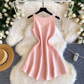 French style sleeveless knitted dress - new summer korean a-line mini dress for women, slimming pink skirt