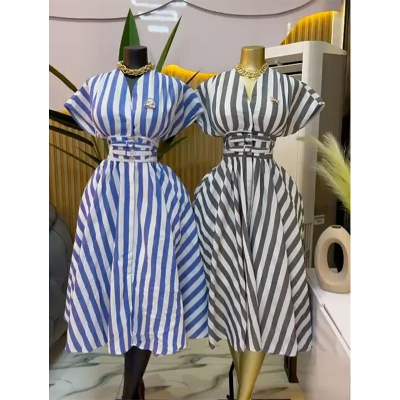 European and american women's clothing  autumn new collection: sweet and fresh striped v-neck high-waisted slimming a-line midi dress