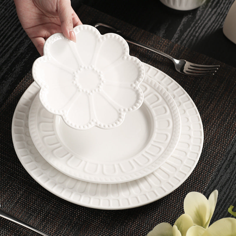 Pure white embossed dinnerware ceramic plate - nordic/american style flat plate, soup plate, fruit plate, hotel & restaurant minimalist style steak plate