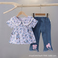 Floral print short-sleeve summer outfit for girls (0-4 years) - includes blouse with shoulder ruffles and denim pants