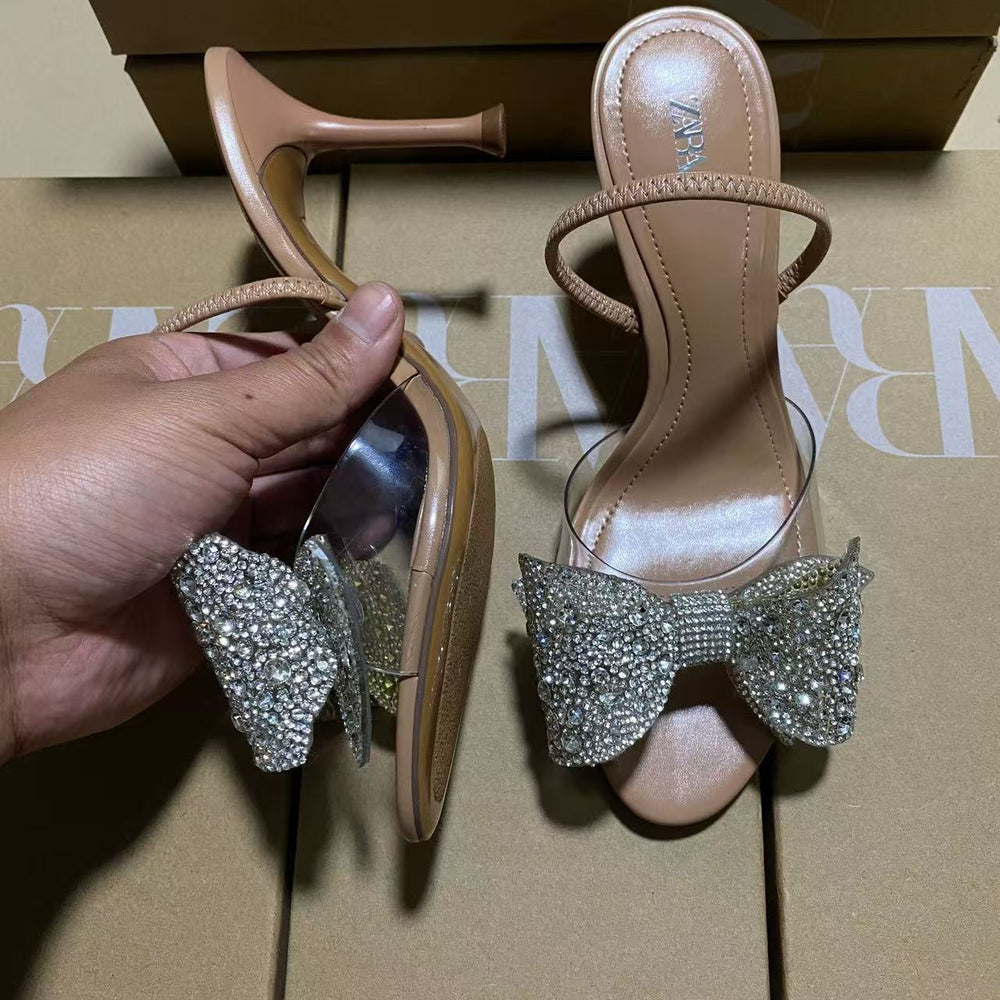 Za women's shoes 2025 new arrivals: versatile bow-tie round toe high heels, stiletto heels, slingback sandals with sequin detail