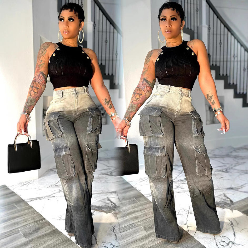 European and american style tie-dye jeans -  cross-border women's fashion high-waisted multi-pocket gradient wide-leg pants
