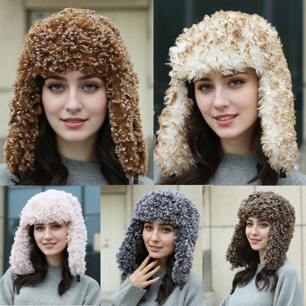 New two-color imitation lamb wool plush hat, ear protection warm hat, Lei Feng hat, women's face small warm hat skiing