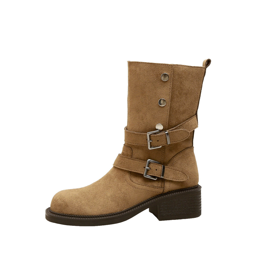 Dui dui boots autumn winter short boots thick heel belt buckle two wear boots women's heightened thick sole pants knight boots