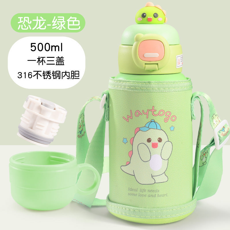 Cartoon 316 stainless steel insulated tumbler with straw, cup sleeve, portable single cup, double lid water bottle - wholesale gift option