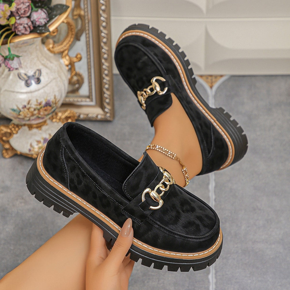 Wholesale women's plus size leopard print loafers: new  spring/autumn retro metal buckle chunky sole