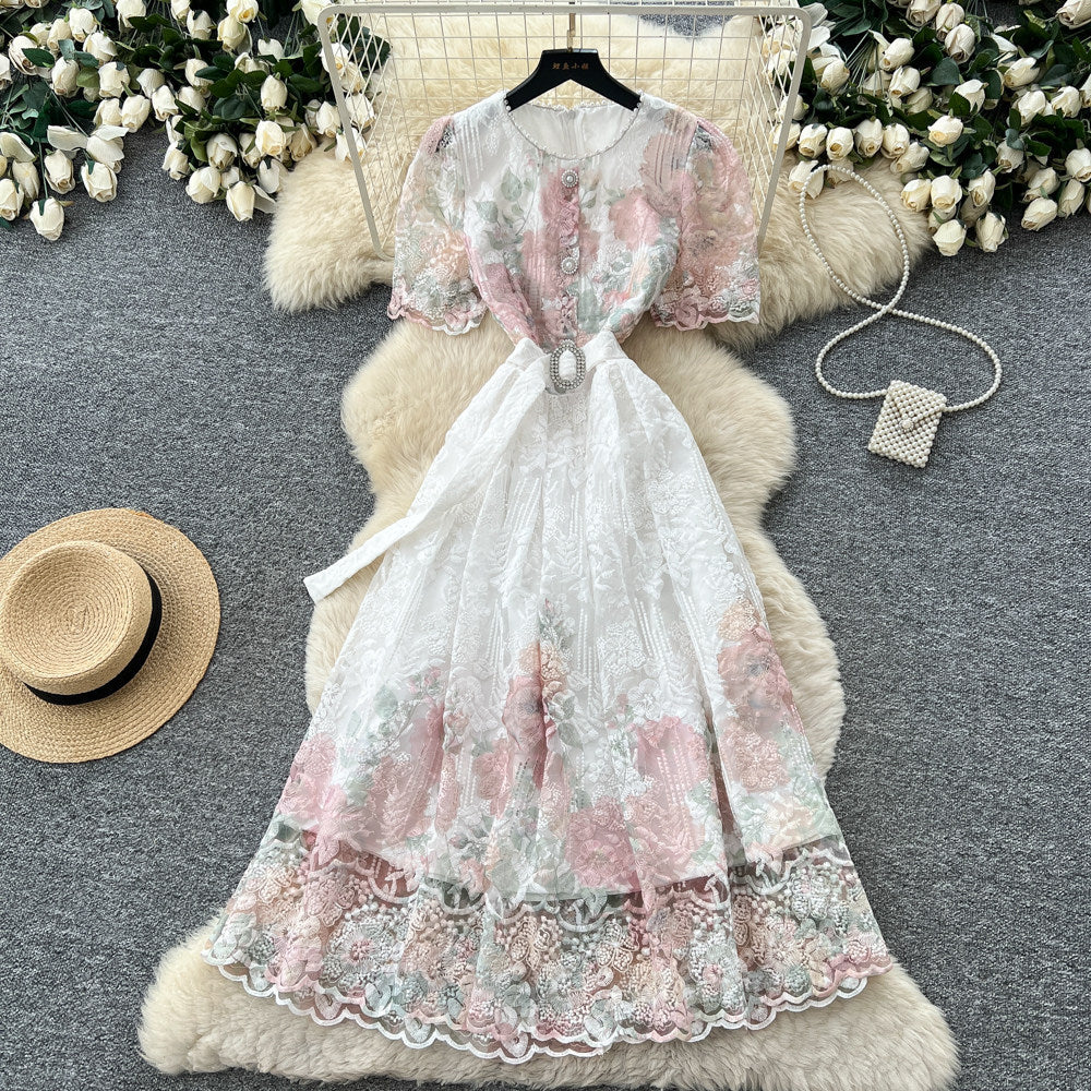 French romantic style heavy lace print dress - women's summer short sleeve high-end slimming waist vacation dress