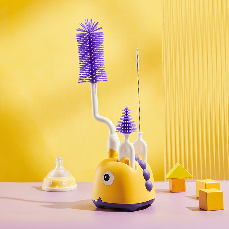 Baby cleaning brush set - includes cup brush, straw brush, storage box, base, silicone nipple brush, and bottle brush