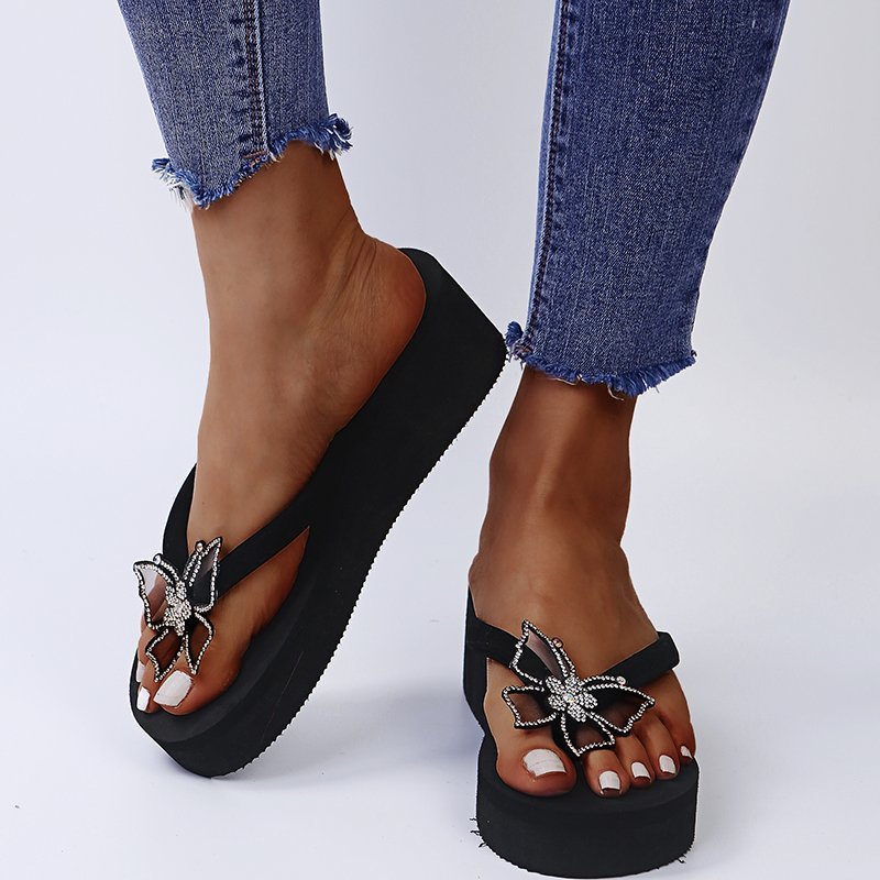 Aliexpress cross-border plus size platform slippers women's minimalist butterfly rhinestone wedge flip-flops women's sizes 36-42