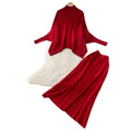 Lazy style red turtleneck knitting shirt skirt suit women's autumlong sleevesslimming looktwo-piece set atmosphere outfit