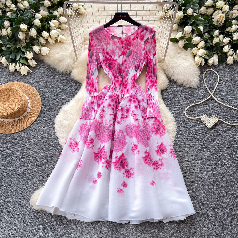 French romantic style printed stretch dress - women's summer long sleeve slim fit a-line dress - high-end commute dress