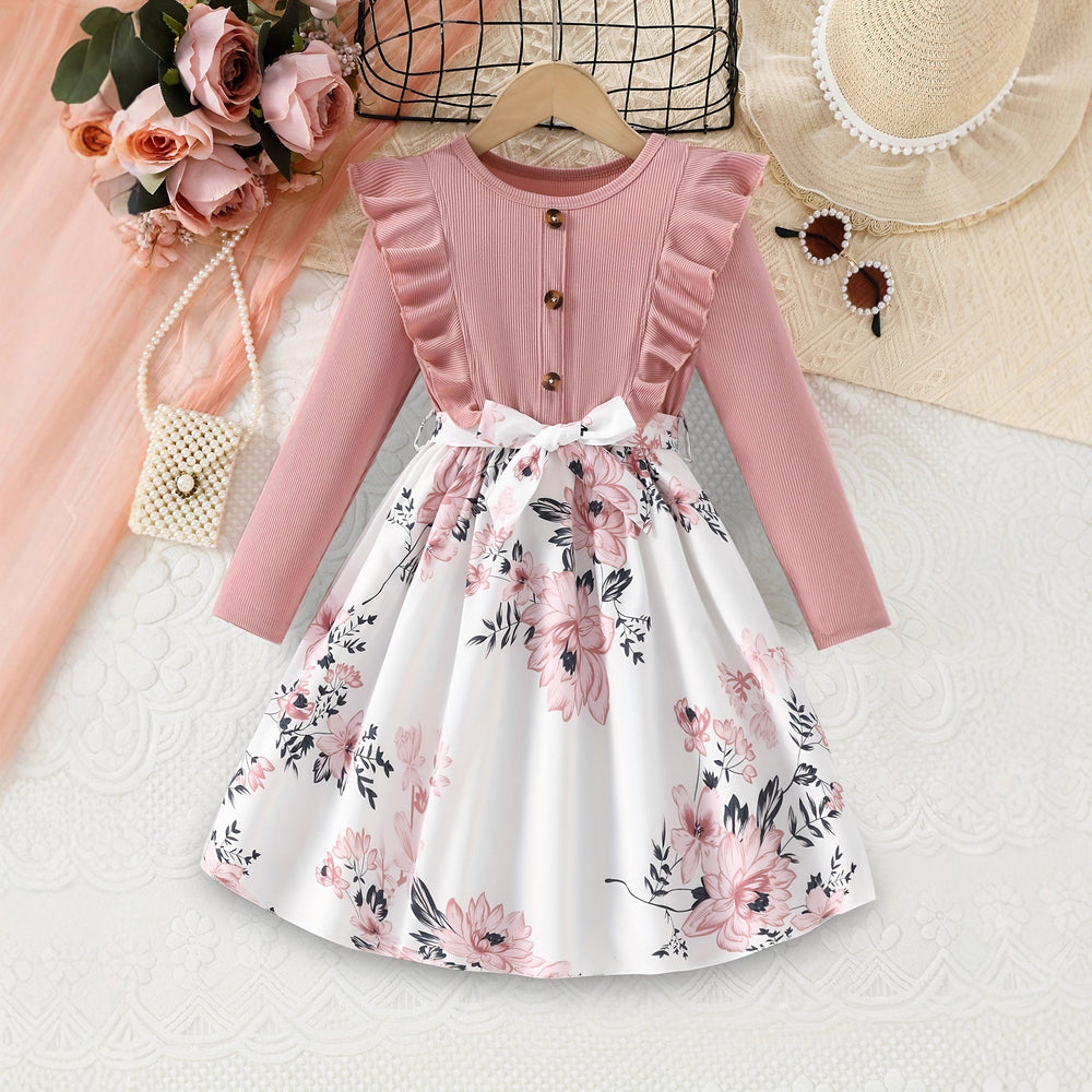 girls' dress - korean style autumn new arrival - ruffle trim long sleeve dress - floral print children's dress