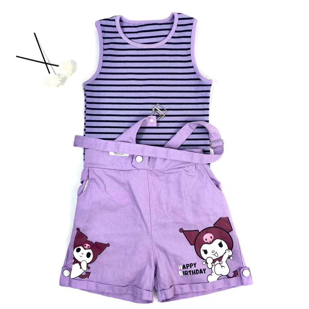 Summer girls' two-piece outfit: striped tank top with one-shoulder straps and shorts, featuring cartoon print, fashionable kuromi korean style