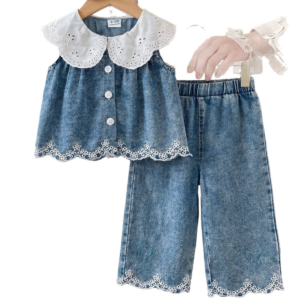 Baby clothing kids set children outfit white collar blue tops+pants