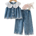 Baby clothing kids set children outfit white collar blue tops+pants