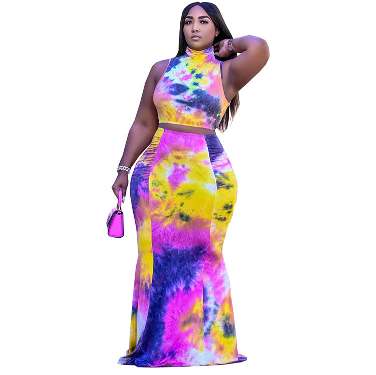 Plus size women's summer outfit: european & american style casual color block tank top + midi skirt two-piece set - perfect for  &