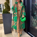 new european and american autumn cross-border women's clothing: various color-blocked fashion long-sleeve turn-down collar outerwear printed woolen coat