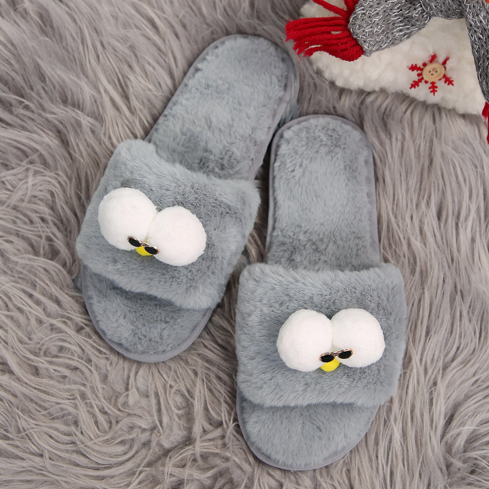 Cartoon cotton slippers for women, autumn and winter outerwear, 2024 new style, flat bottom glasses, large size fleece-linedheattech fur slippers for women