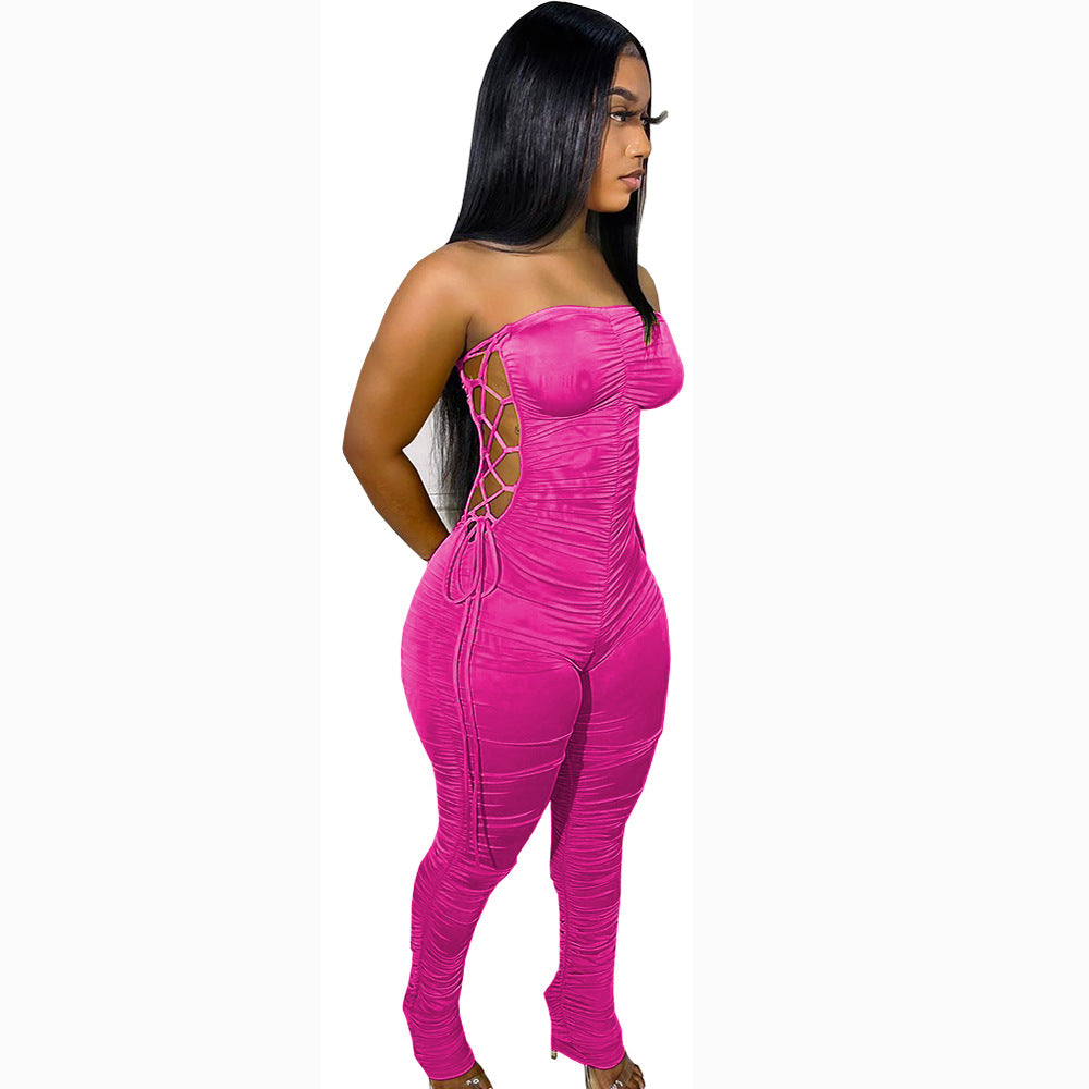 Fashion cross-border supply  women's clothing silm side tie pleated milk silk flat chest jumpsuit