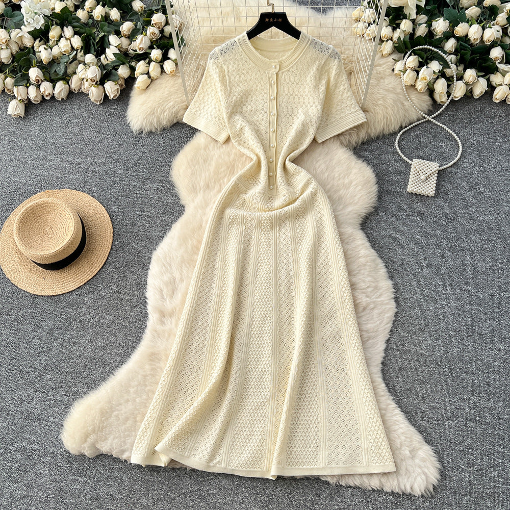 French chic dress for women, spring  new collection, high-end socialite style, beaded round neck, cinched waist, knitted maxi dress