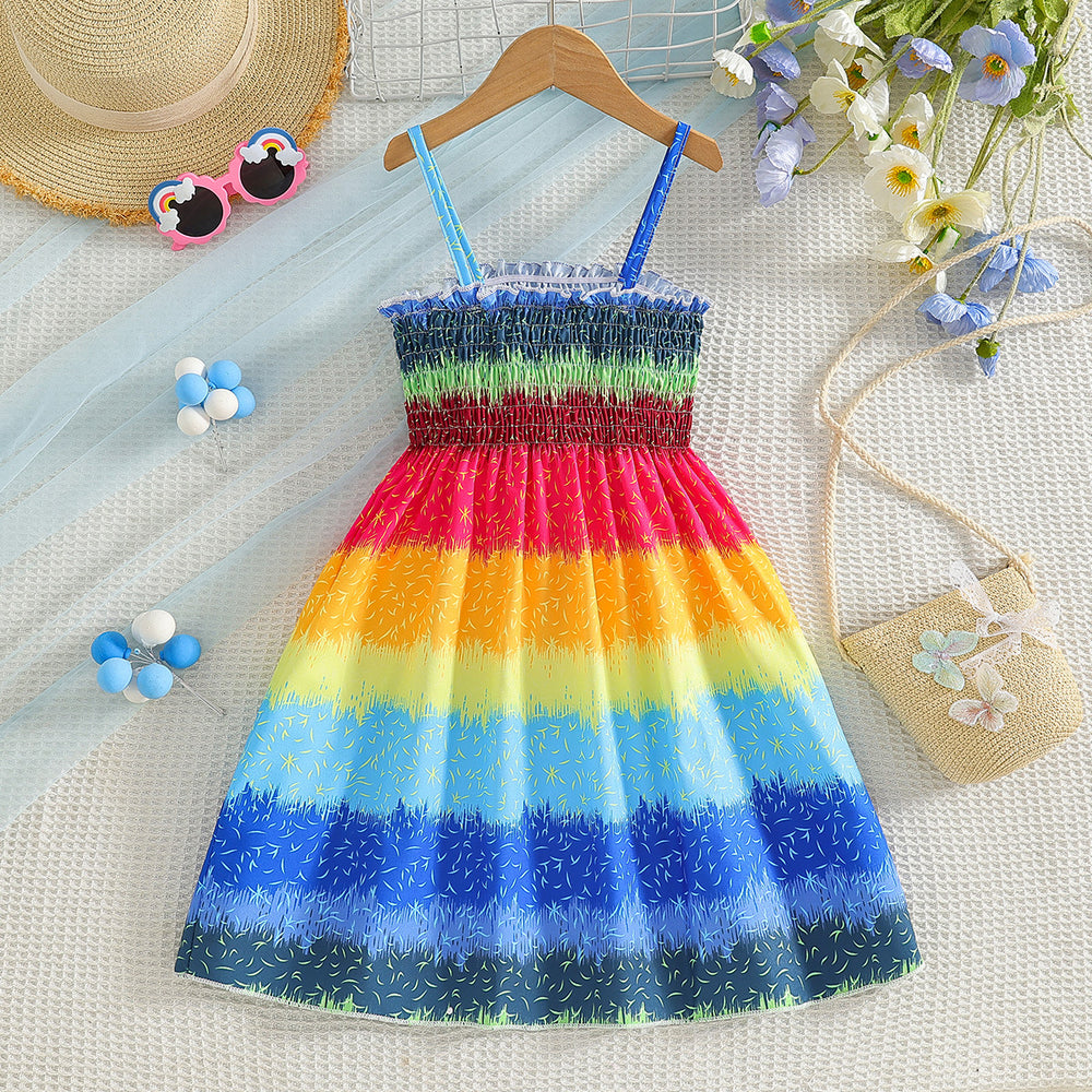 girls' sundress - rainbow gradient patchwork bohemian beach vacation summer maxi dress