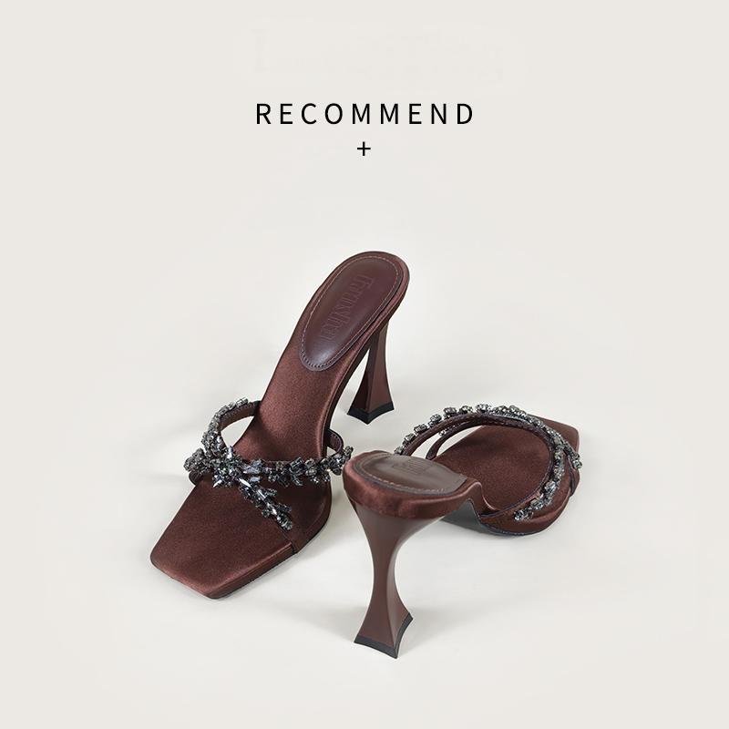 2026 summer european and american style silk satin stiletto heel crossover rhinestone square toe open toe sandals - women's high heel slippers - fashionable and sexy