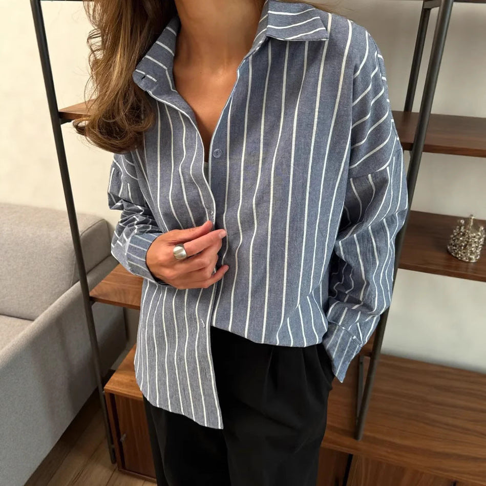 Europe, America,    2025 autumn and winter new long-sleeved cardigan jacket women's striped shirt women's clothing