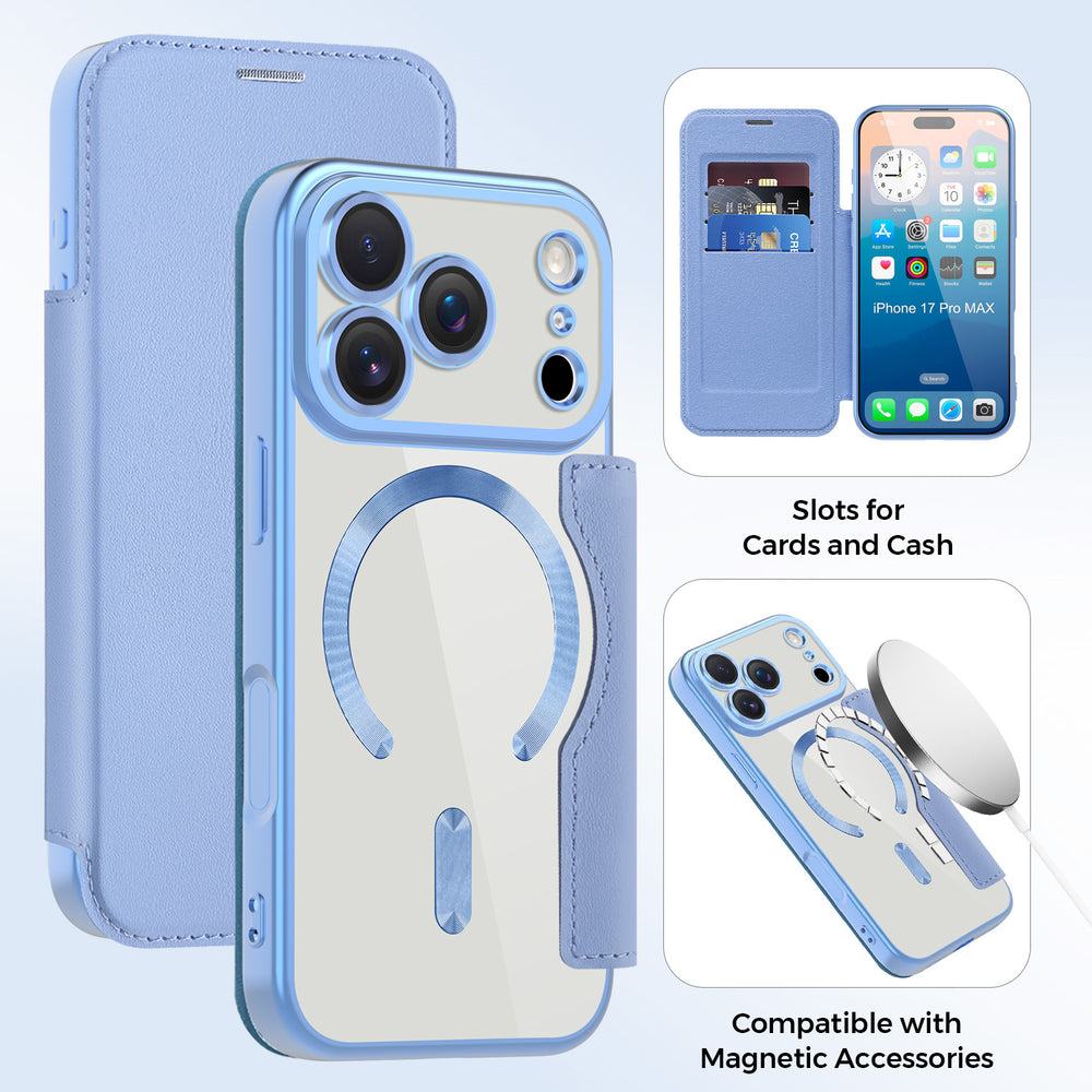 Premium gold shield magnetic leather case for iphone 17 pro max, apple 16 flip cover, full coverage, drop protection