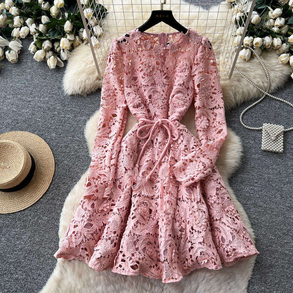 French-style heavy lace cutout bodycon dress - women's summer long sleeve slimming a-line dress - soft & elegant