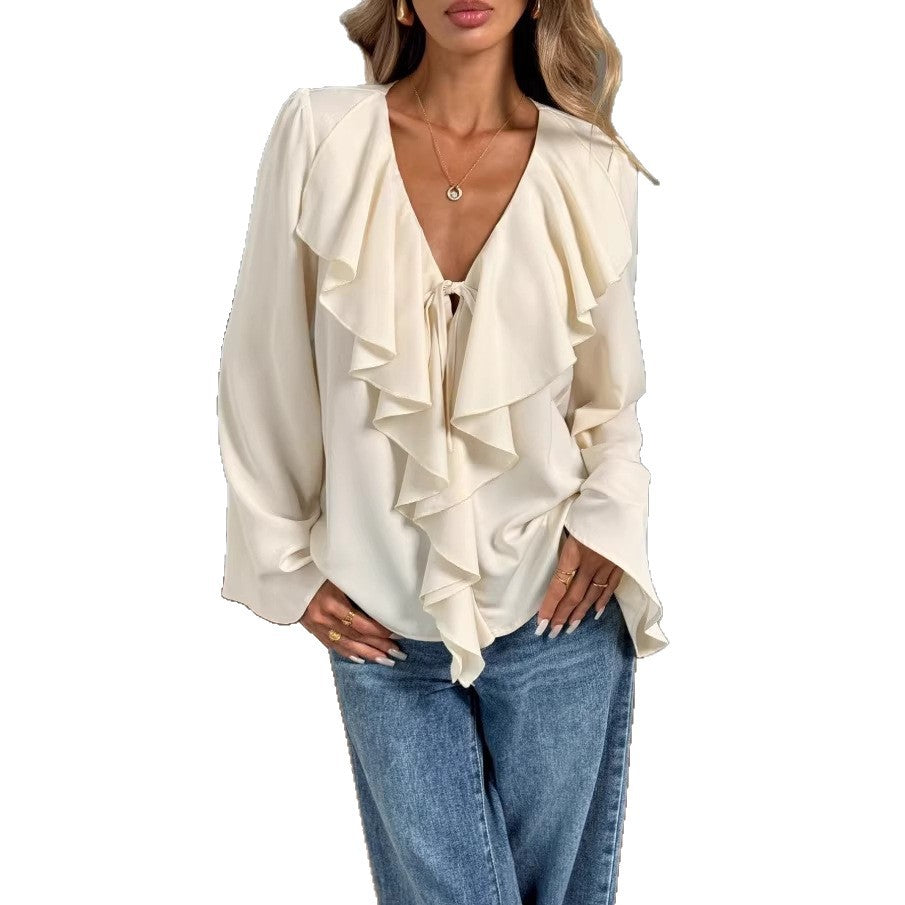 spring new arrivals: european & american style women's solid color blouse - sweet, gentle, v-neck, ruffle trim, slim fit, and figure-flattering