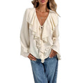 spring new arrivals: european & american style women's solid color blouse - sweet, gentle, v-neck, ruffle trim, slim fit, and figure-flattering